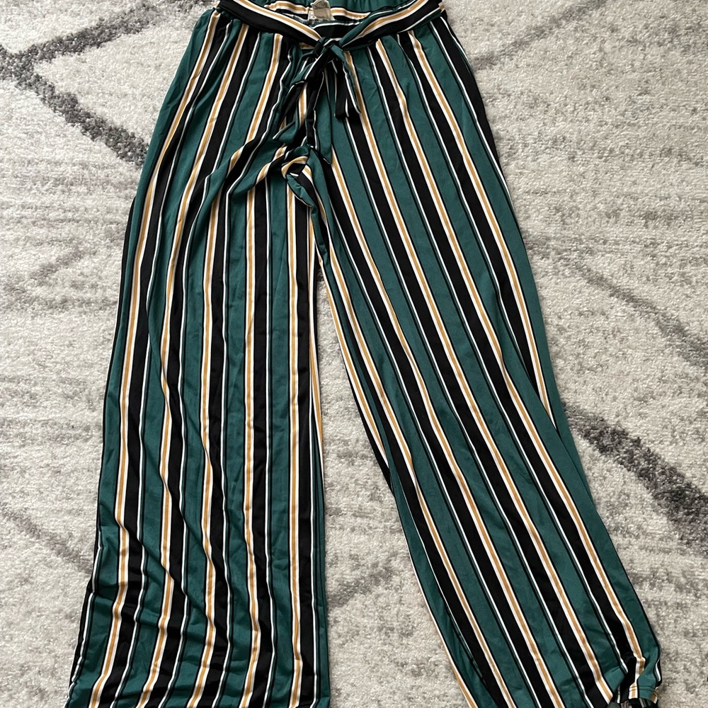 Large Green, Black, Yellow Wide Leg Stretchy Pants